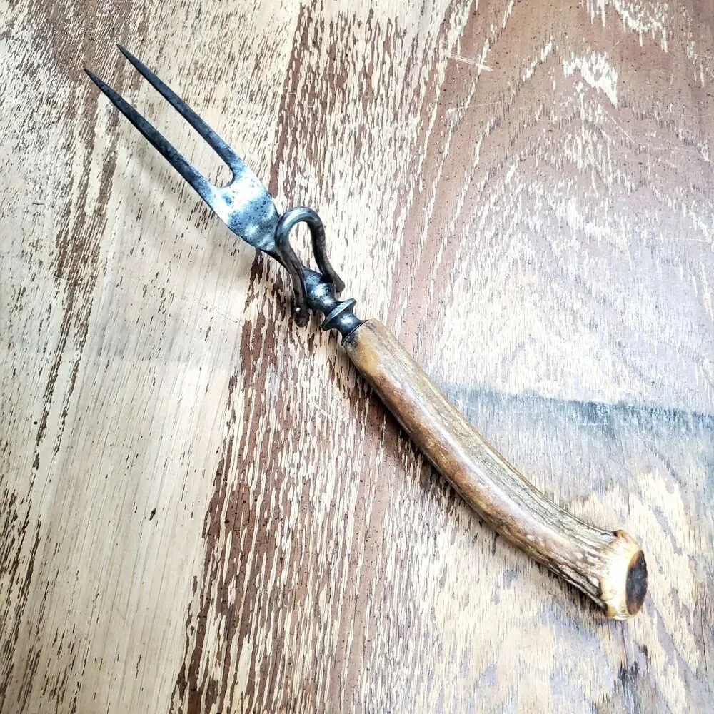 Antique Stag Antler Handle Meat Carving Serving Fork with Built-in Stand